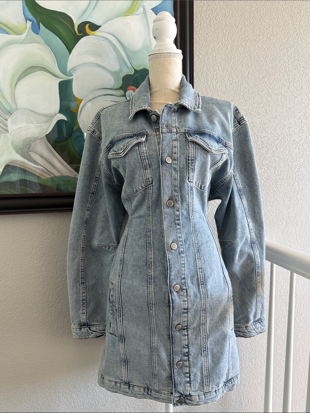 Good American Light Wash Fitted Long Sleeve Denim Mini Dress Size L